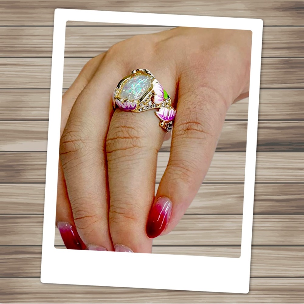 Women’s Rhinestone Faux Opal Inlaid Lotus Ring - 6